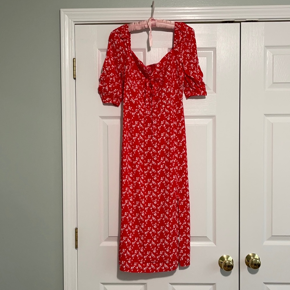 Red and white floral Urban Outfitters midi length dress